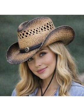 JHATS Unisex Straw Cowboy Hat Western Chin Strap Distressed